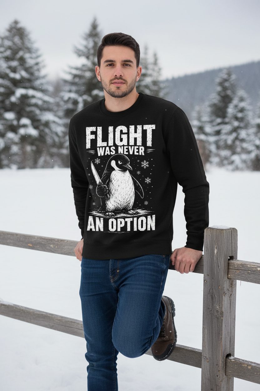 Flight Was Never an Option Funny Penguin Sweatshirt - lifestyle model mockup - Black