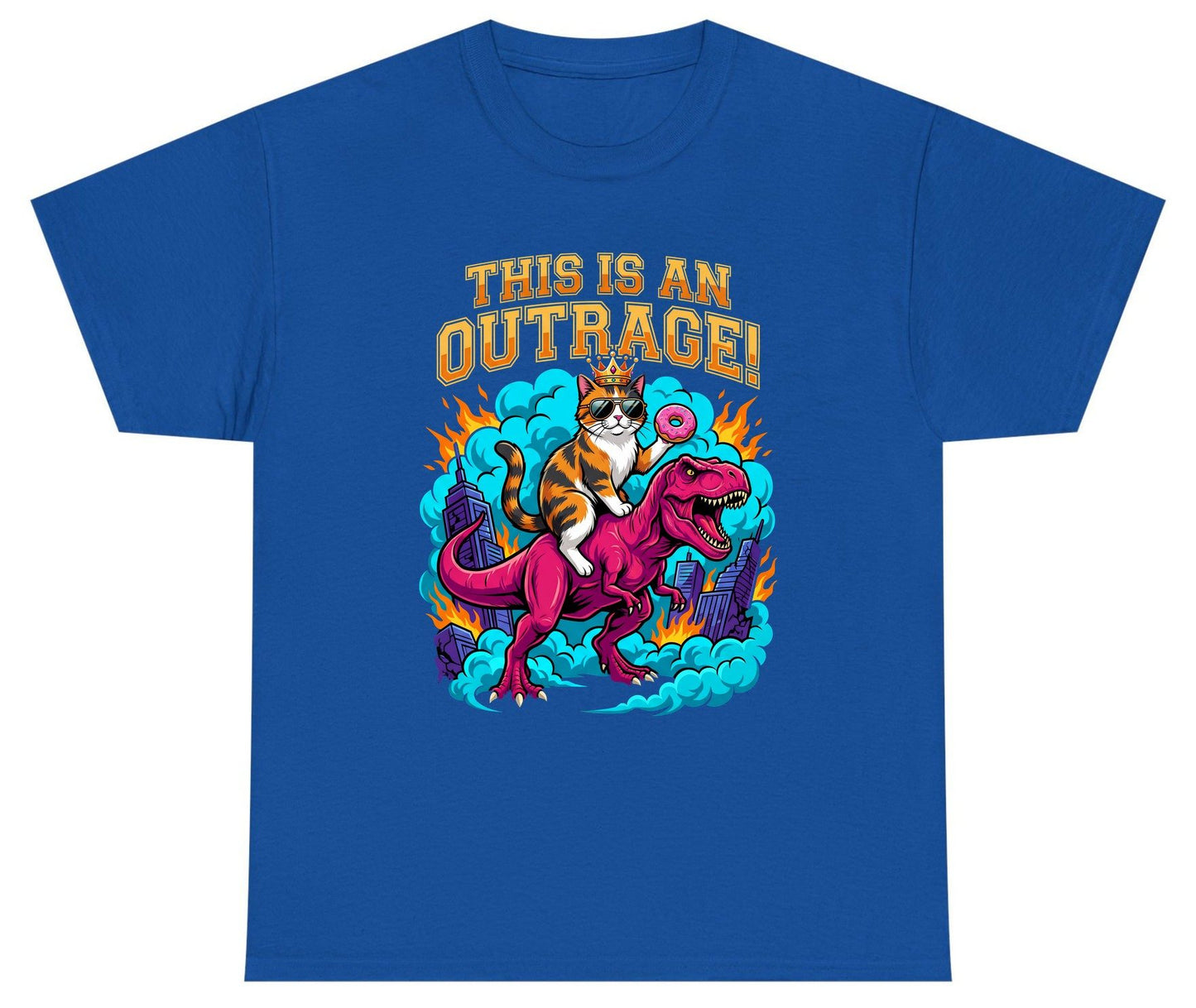 THIS IS AN OUTRAGE! Cat riding a T-Rex Youth T-Shirt Royal product mockup