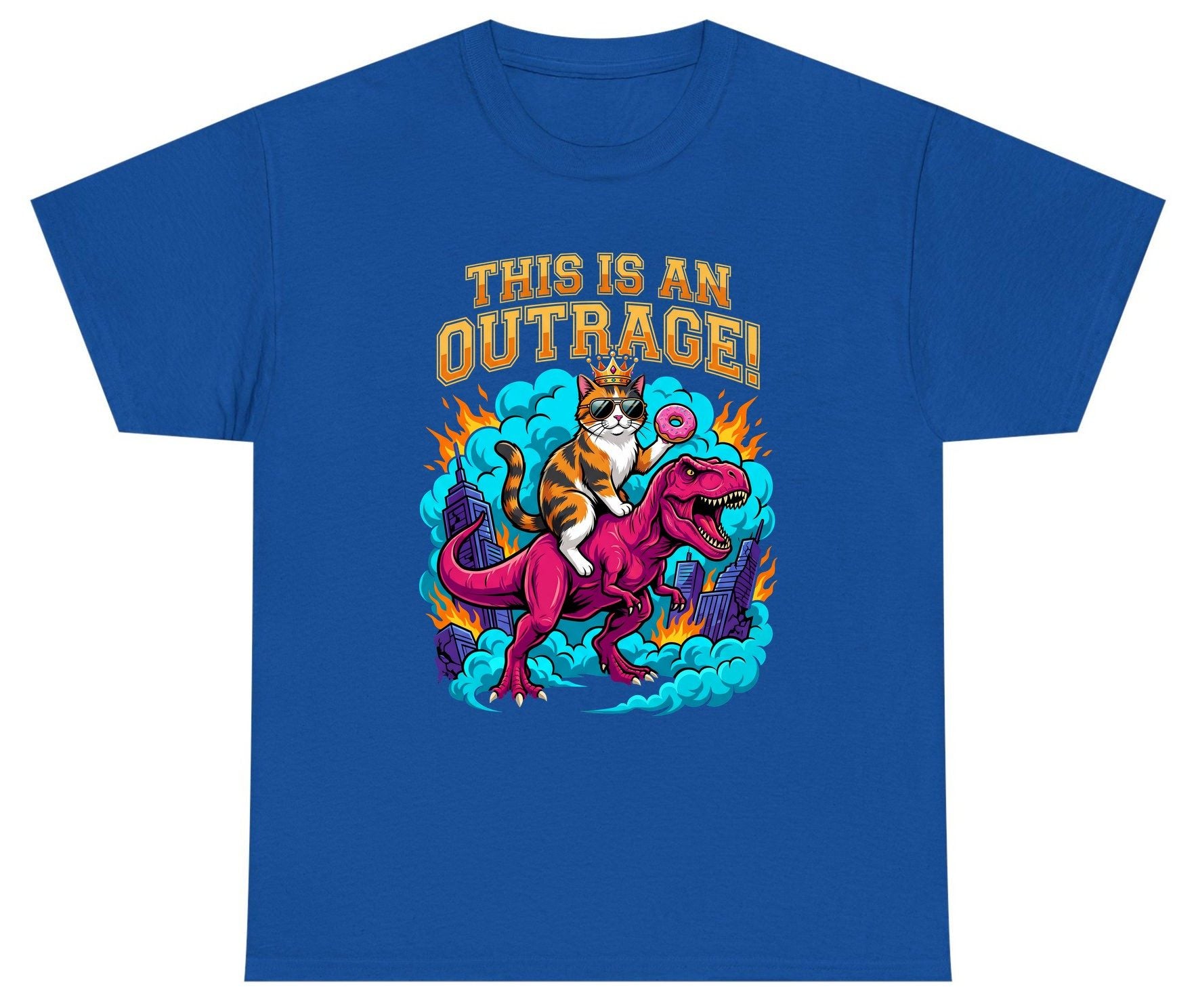 THIS IS AN OUTRAGE! Cat riding a T-Rex Youth T-Shirt Royal product mockup