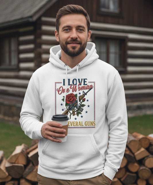 I LOVE One Woman AND Several GUNS Funny Pro-Gun Hoodie - lifestyle model mockup - White