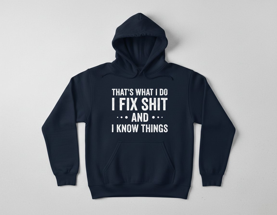THAT'S WHAT I DO I FIX SHIT AND I KNOW THINGS Hoodie - product mockup - Navy
