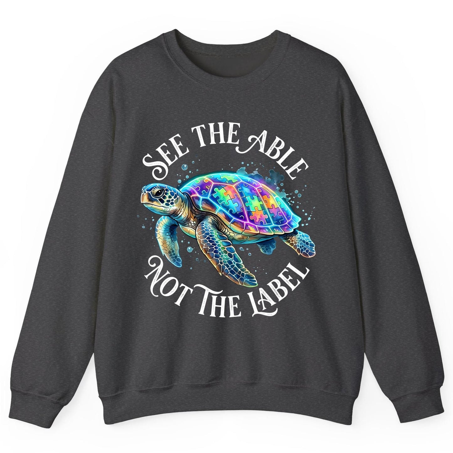 See the Able Not the Label Autism Awareness Sweatshirt - product mockup - Dark Heather