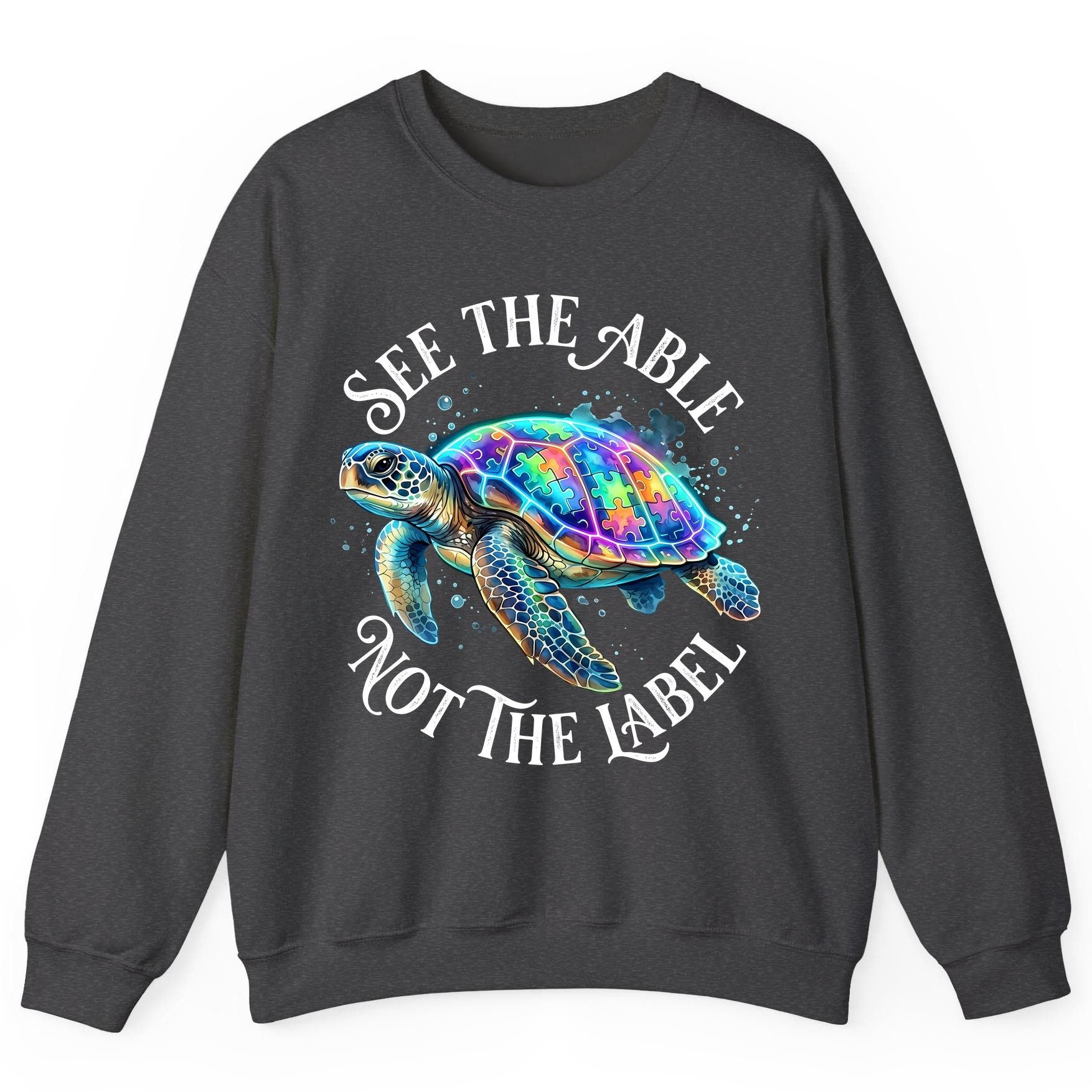 See the Able Not the Label Autism Awareness Sweatshirt - product mockup - Dark Heather
