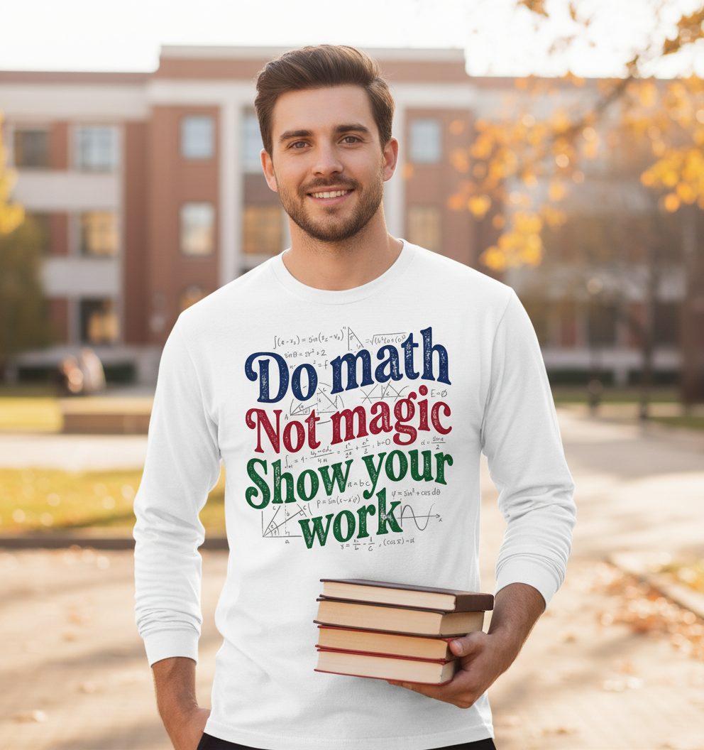 Do Math Not Magic Show Your Work Funny Teachers Long Sleeve Tee - lifestyle model mockup - White