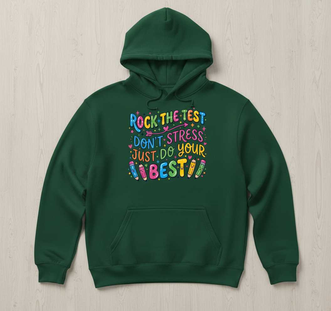 Rock The Test Don't Stress Just Do Your Best Inspirational Quote Hoodie - Forest Green