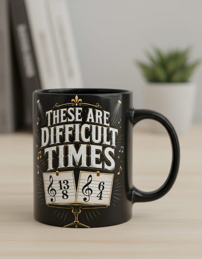 THESE ARE Difficult TIMES Funny Music Humor Black Mug - product mockup - Black