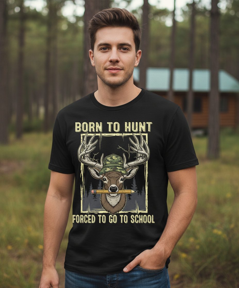 Born to Hunt Forced to Go to School hunting T-Shirt Black lifestyle mockup