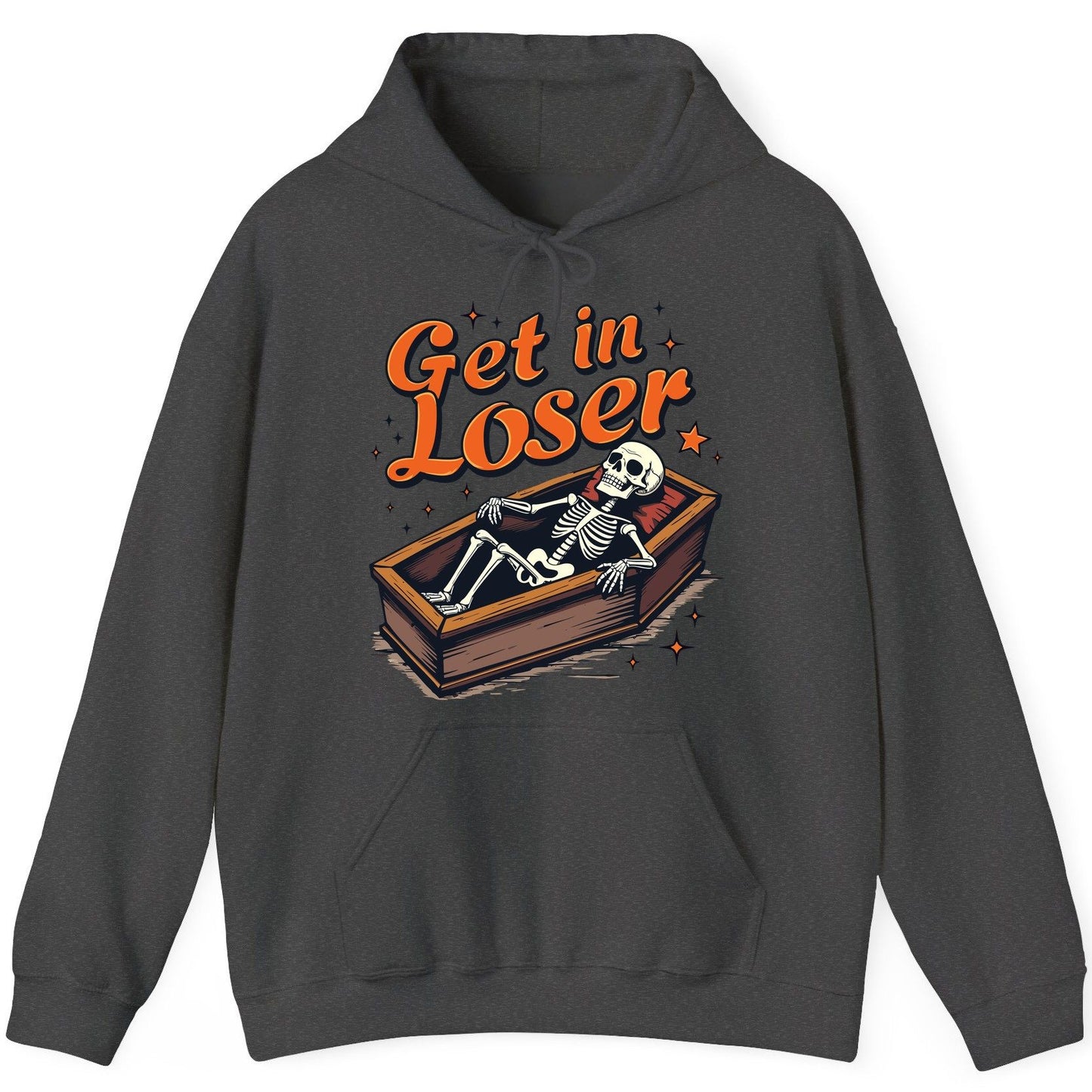 Get in Loser skeleton in coffin Hoodie Dark Heather product mockup