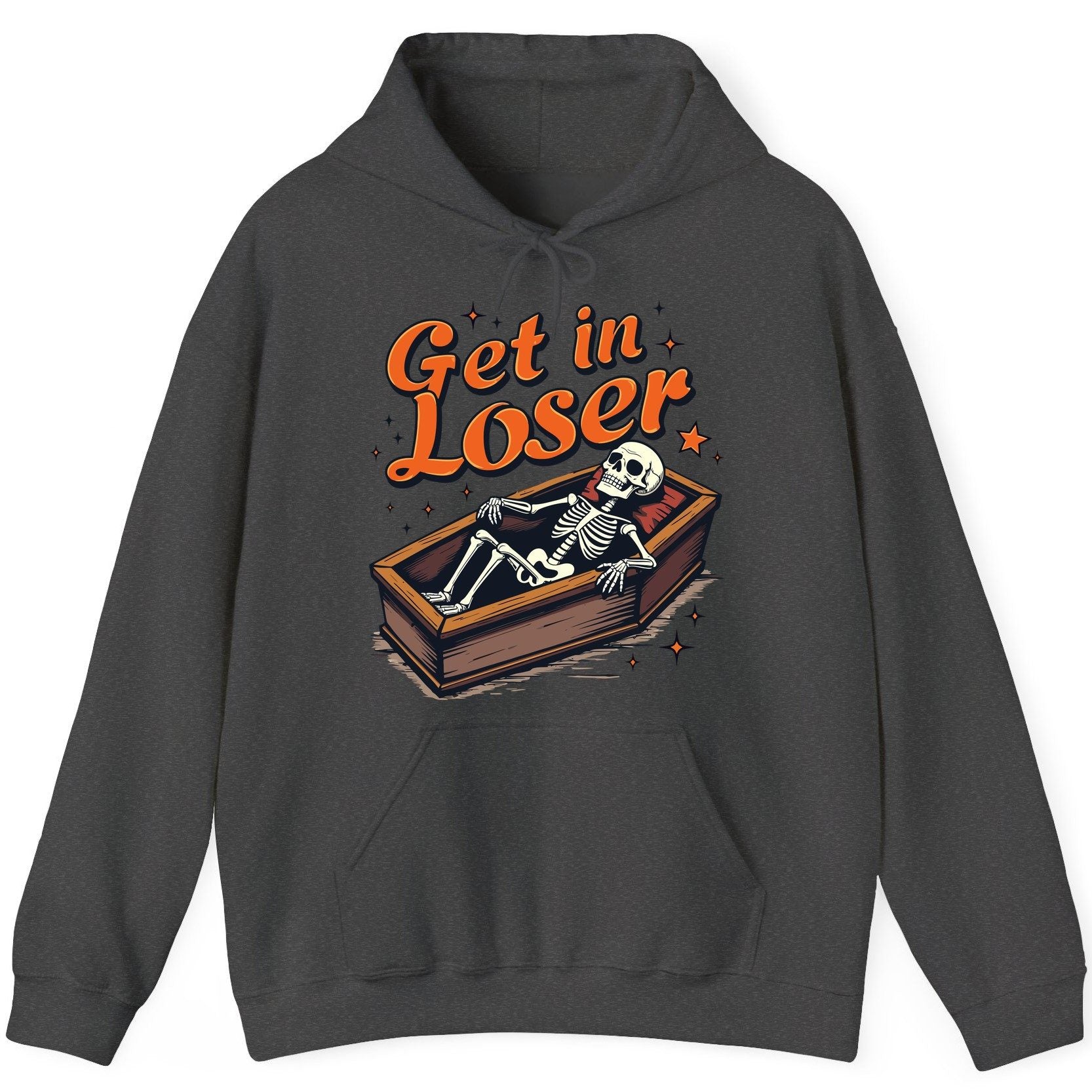 Get in Loser skeleton in coffin Hoodie Dark Heather product mockup
