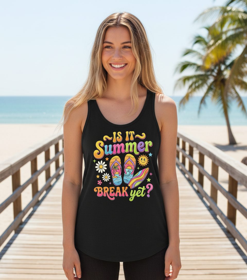 Is It Summer Break Yet Retro Vacation Tank Top - lifestyle model mockup - Black