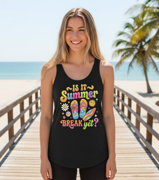Is It Summer Break Yet Retro Vacation Tank Top - lifestyle model mockup - Black