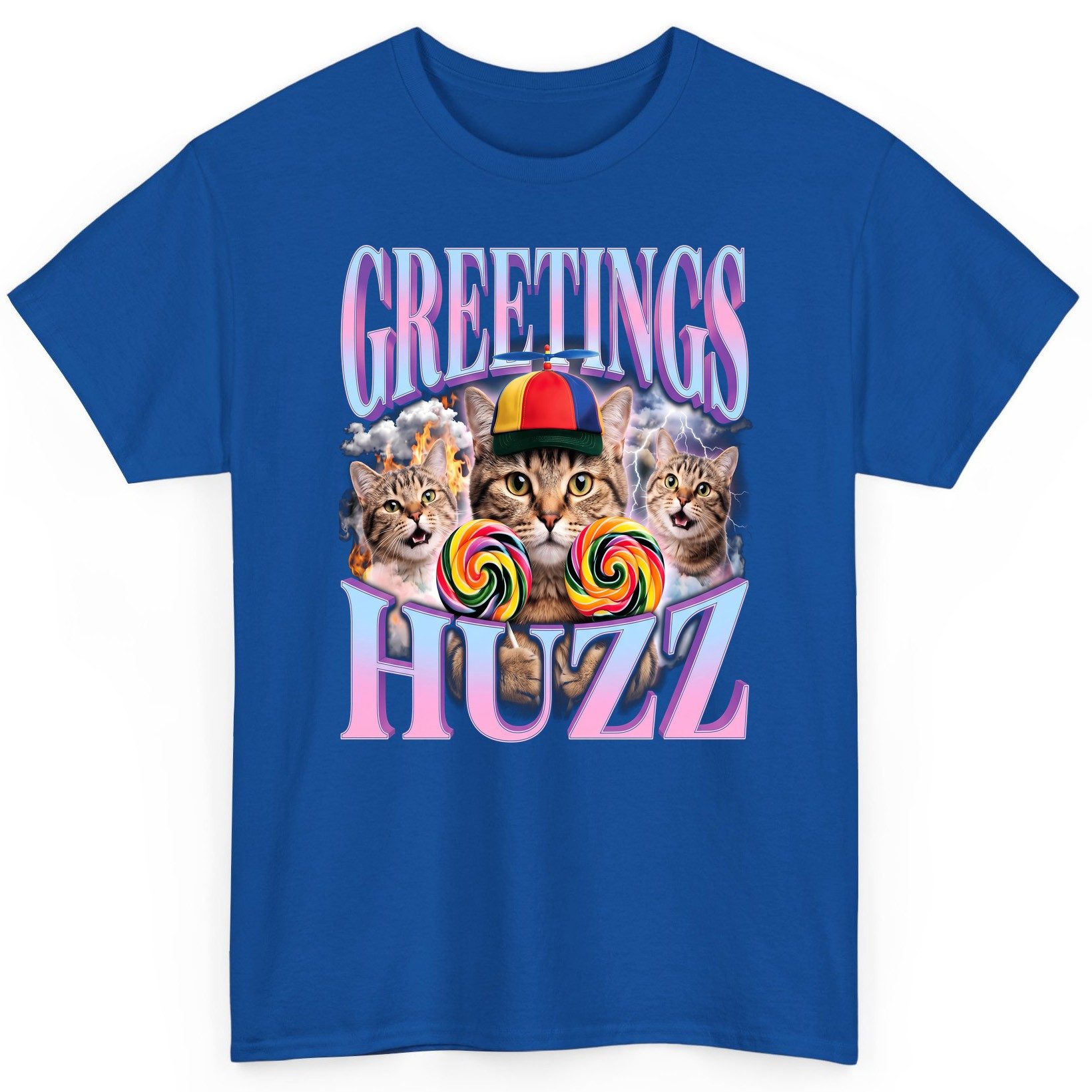 Greetings Huzz Funny Cats T-Shirt - product mockup - Royal