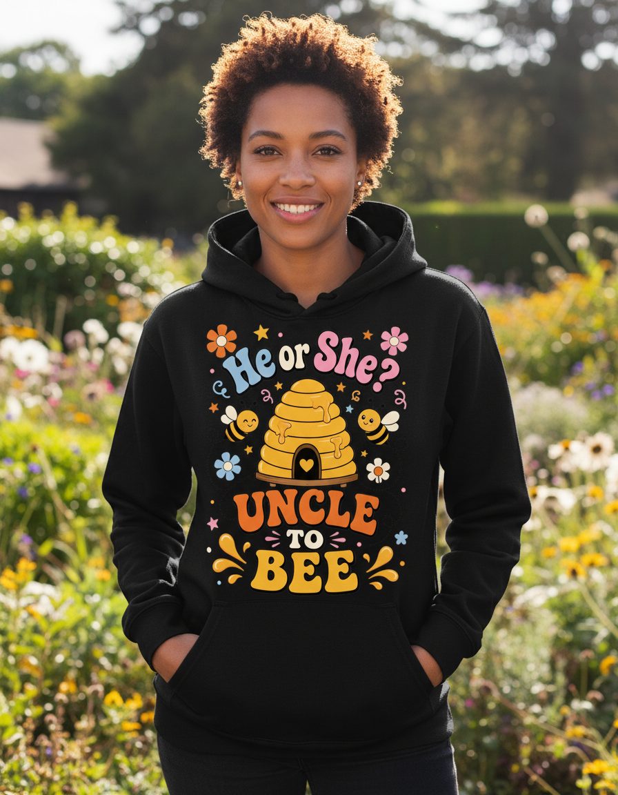 He or She Uncle to Bee Retro Gender Reveal Hoodie - lifestyle model mockup - Black