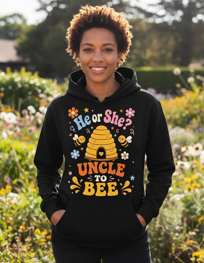 He or She Uncle to Bee Retro Gender Reveal Hoodie - lifestyle model mockup - Black