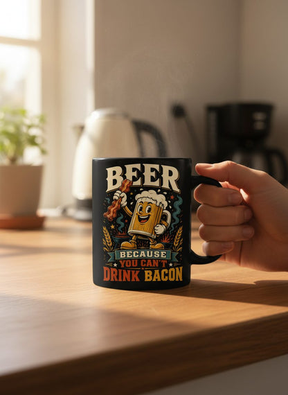 Cant Drink Bacon Beer Funny And Black Mug - lifestyle model mockup - Black