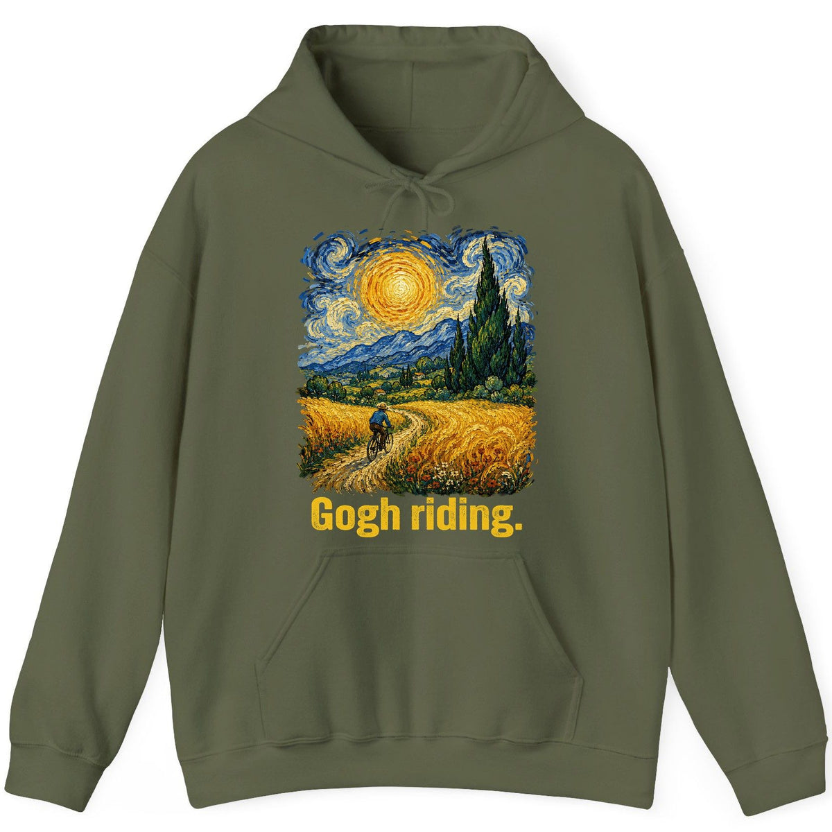 Gogh Riding art parody Hoodie Military Green product mockup
