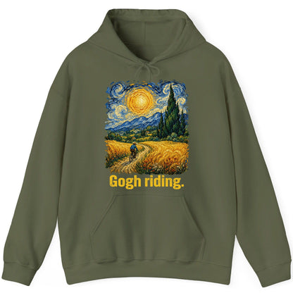 Gogh Riding art parody Hoodie Military Green product mockup