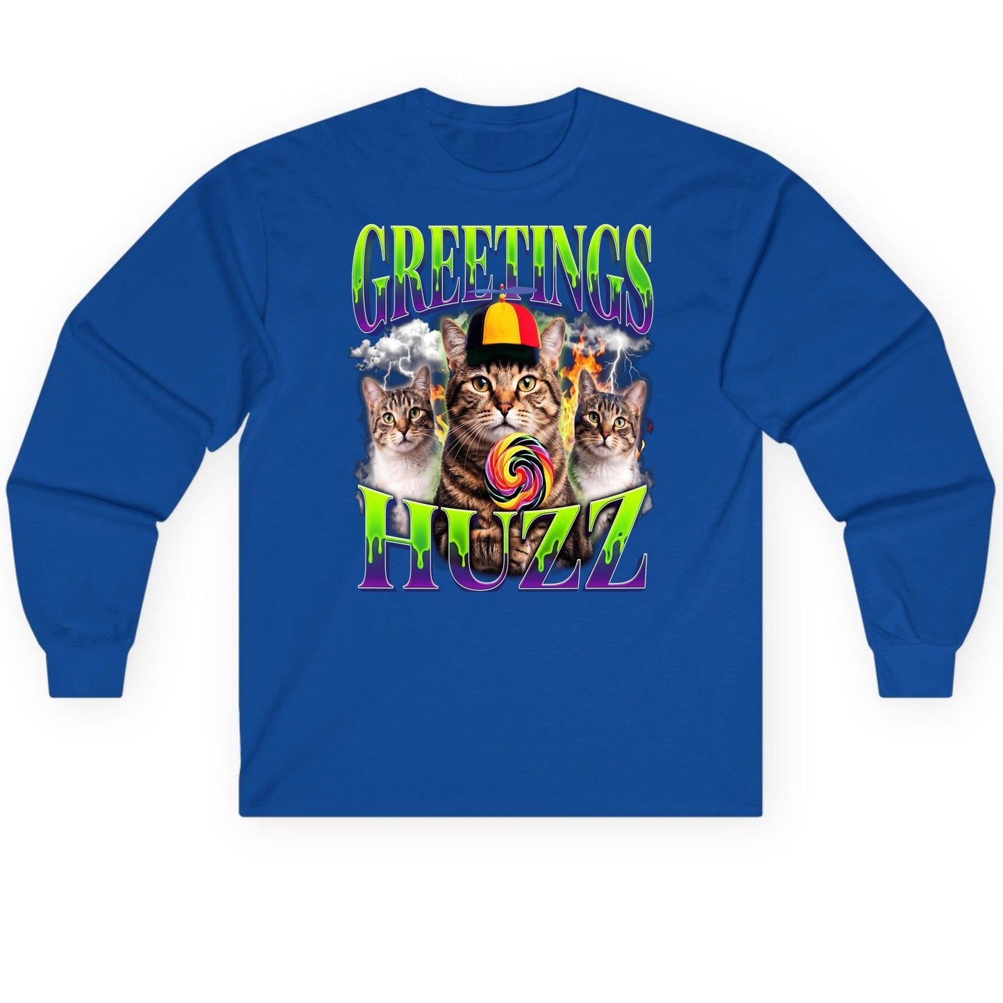 Greetings HUZZ Funny Cat Long Sleeve Tee - product mockup - Royal