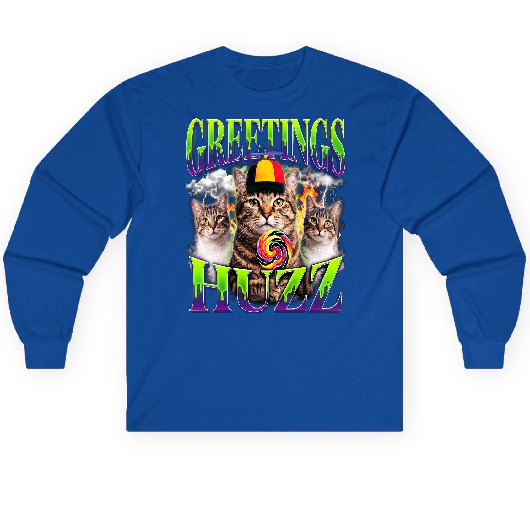 Greetings HUZZ Funny Cat Long Sleeve Tee - product mockup - Royal