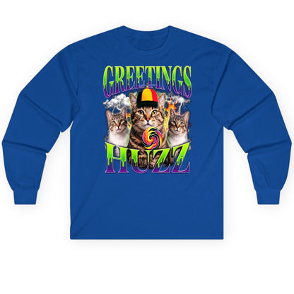 Greetings HUZZ Funny Cat Long Sleeve Tee - product mockup - Royal