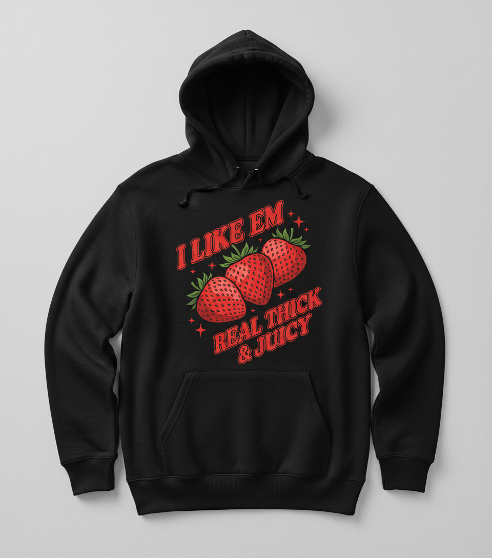I Like Em Real Thick & Juicy Strawberries Funny Retro Design Hoodie - Black