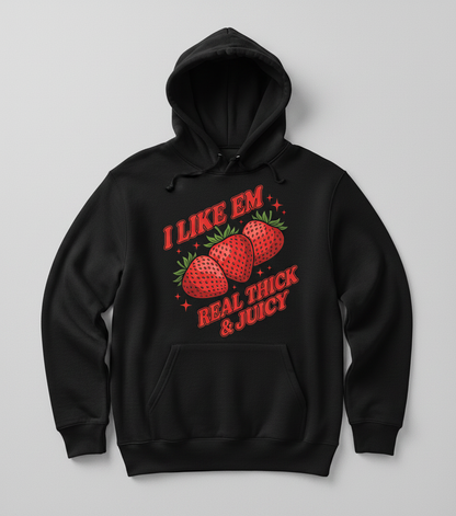 I Like Em Real Thick & Juicy Strawberries Funny Retro Design Hoodie - Black