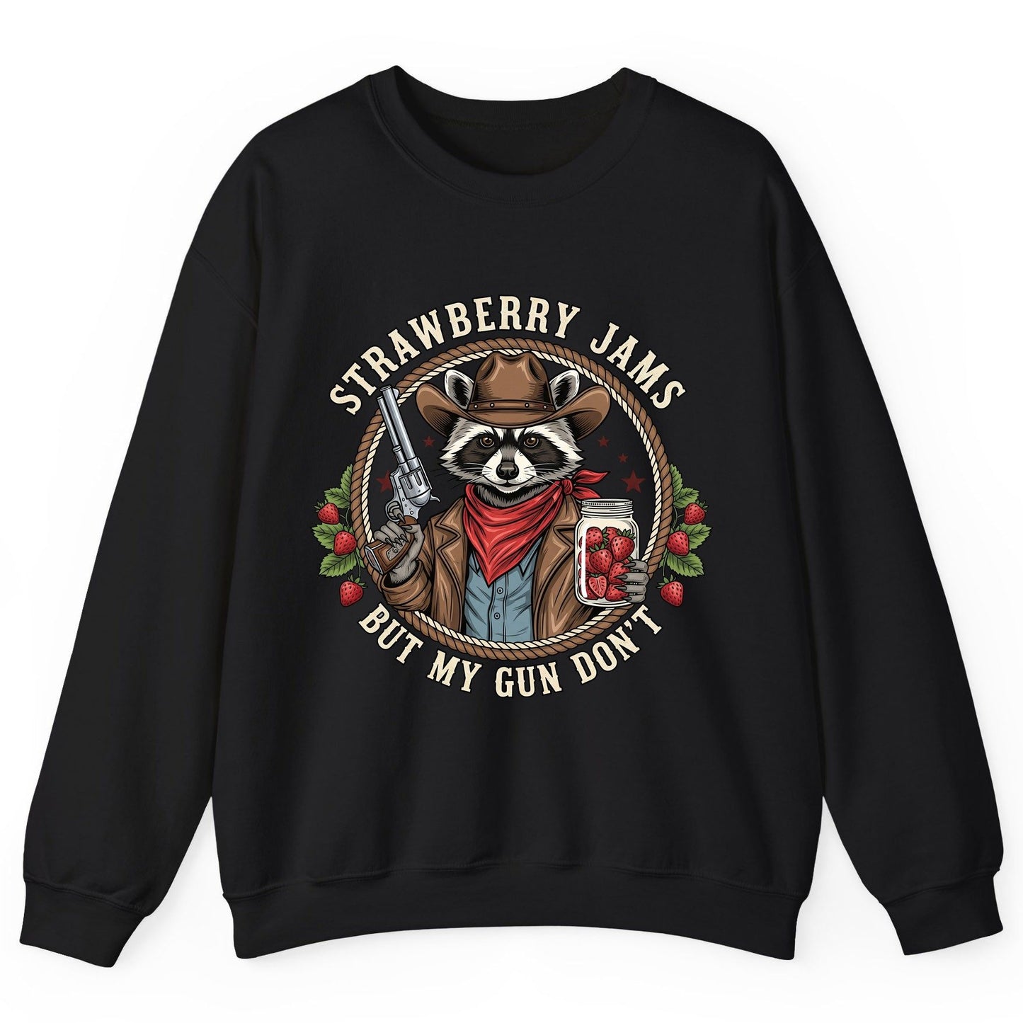 Strawberry Jams but My Gun Don't cowboy raccoon Sweatshirt Black product mockup