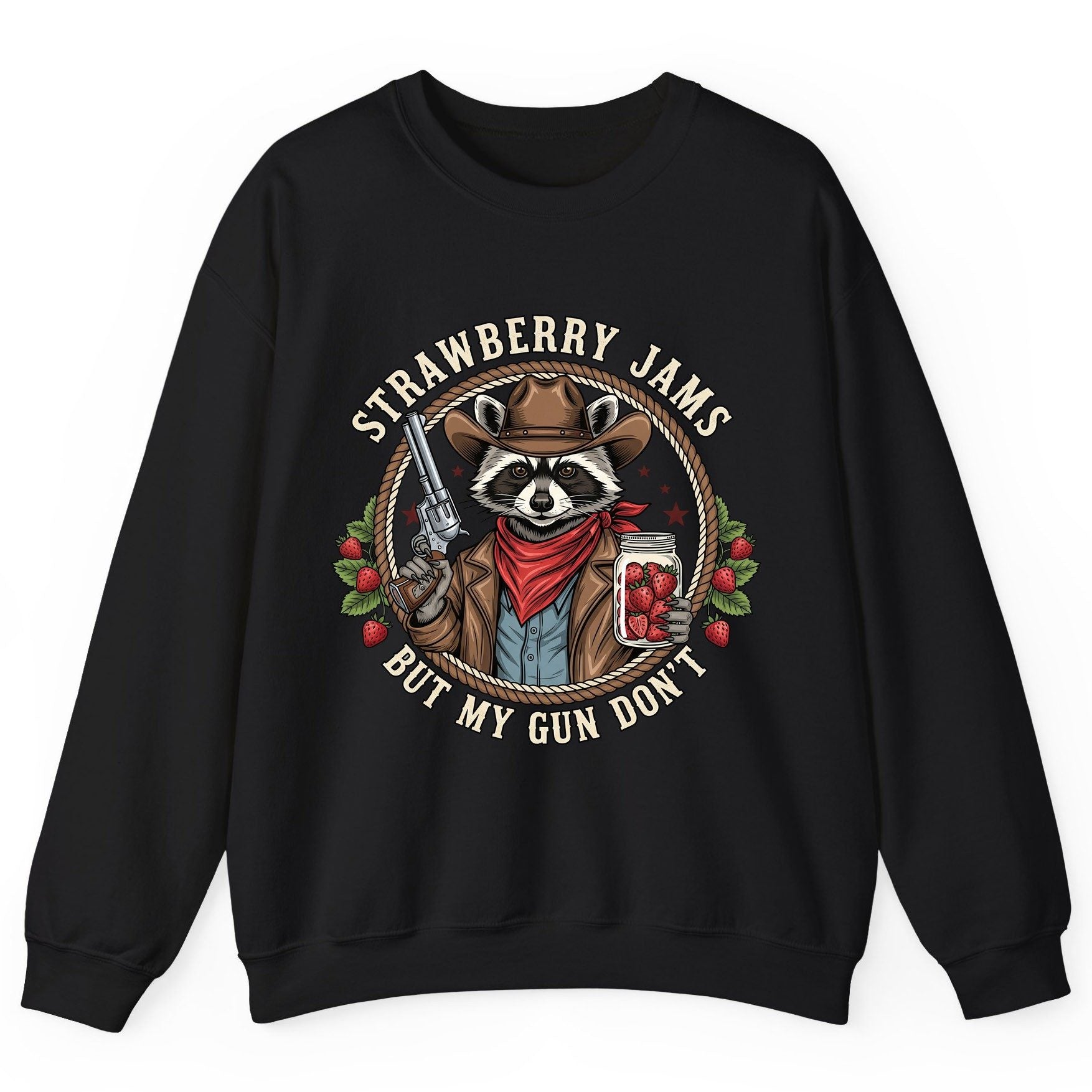 Strawberry Jams but My Gun Don't cowboy raccoon Sweatshirt Black product mockup