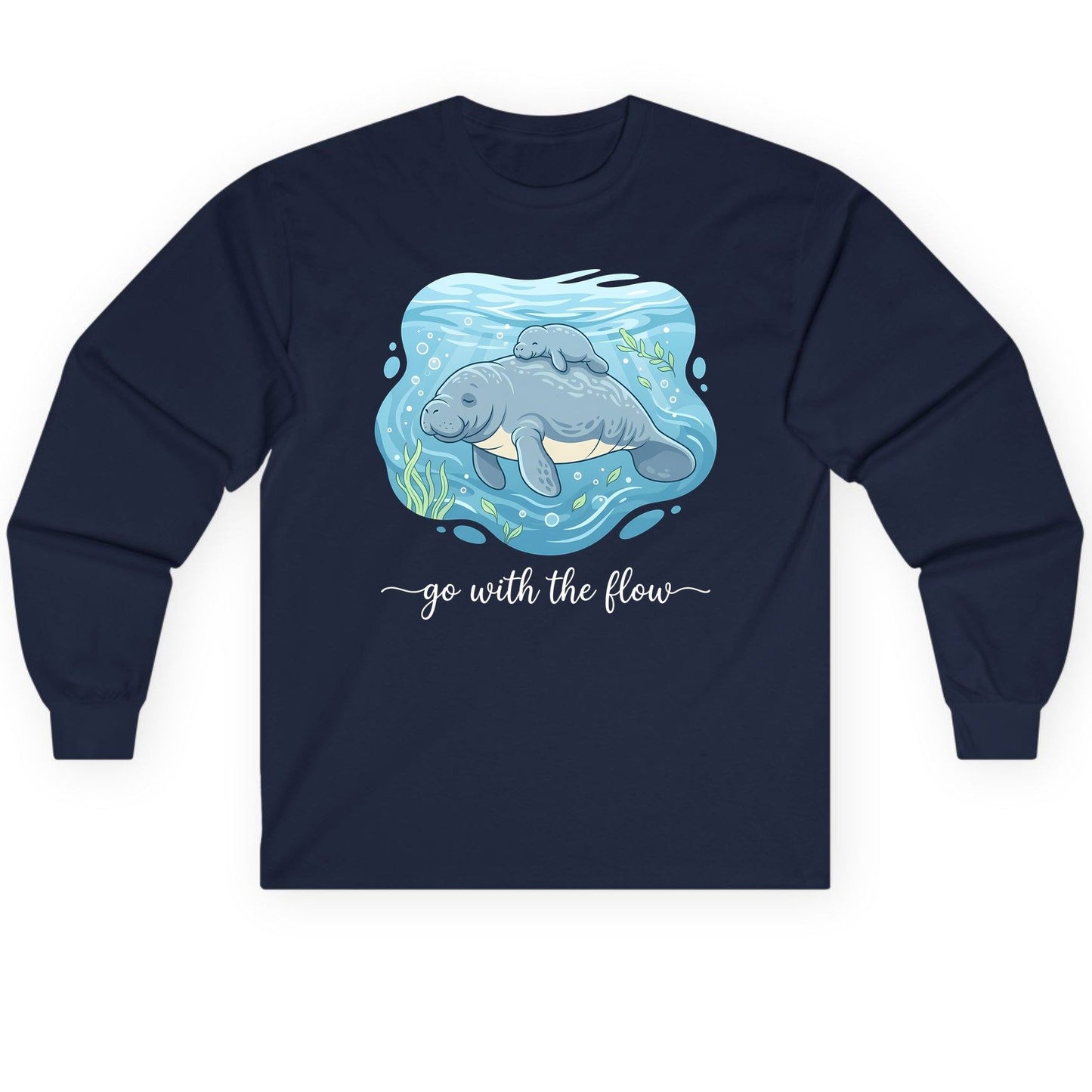 Go with the Flow Manatee Long Sleeve Tee - product mockup - Navy