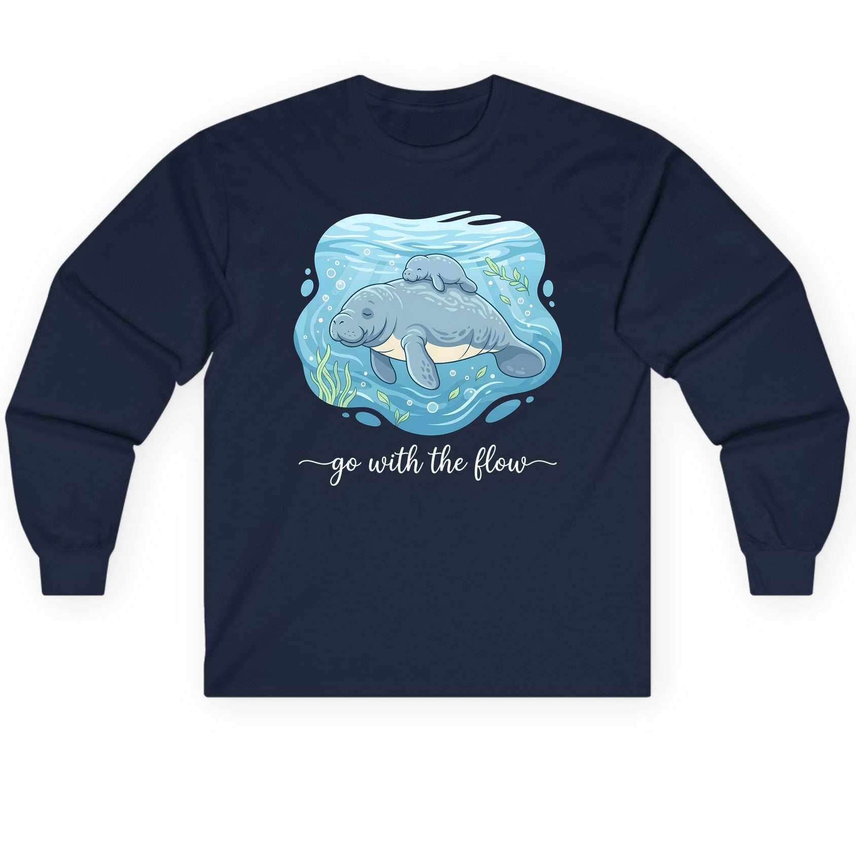 Go with the Flow Manatee Long Sleeve Tee - product mockup - Navy