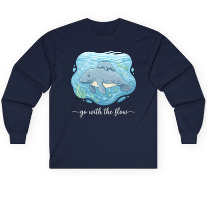 Go with the Flow Manatee Long Sleeve Tee - product mockup - Navy