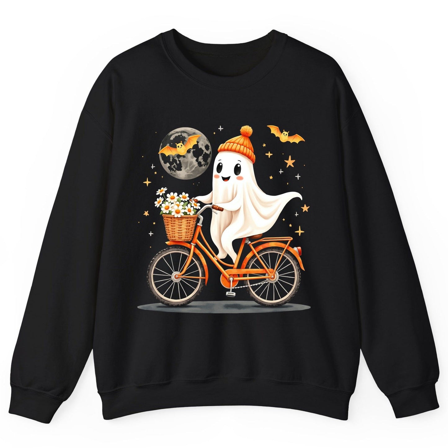Cute Ghost on Bicycle cute ghost Sweatshirt Black product mockup