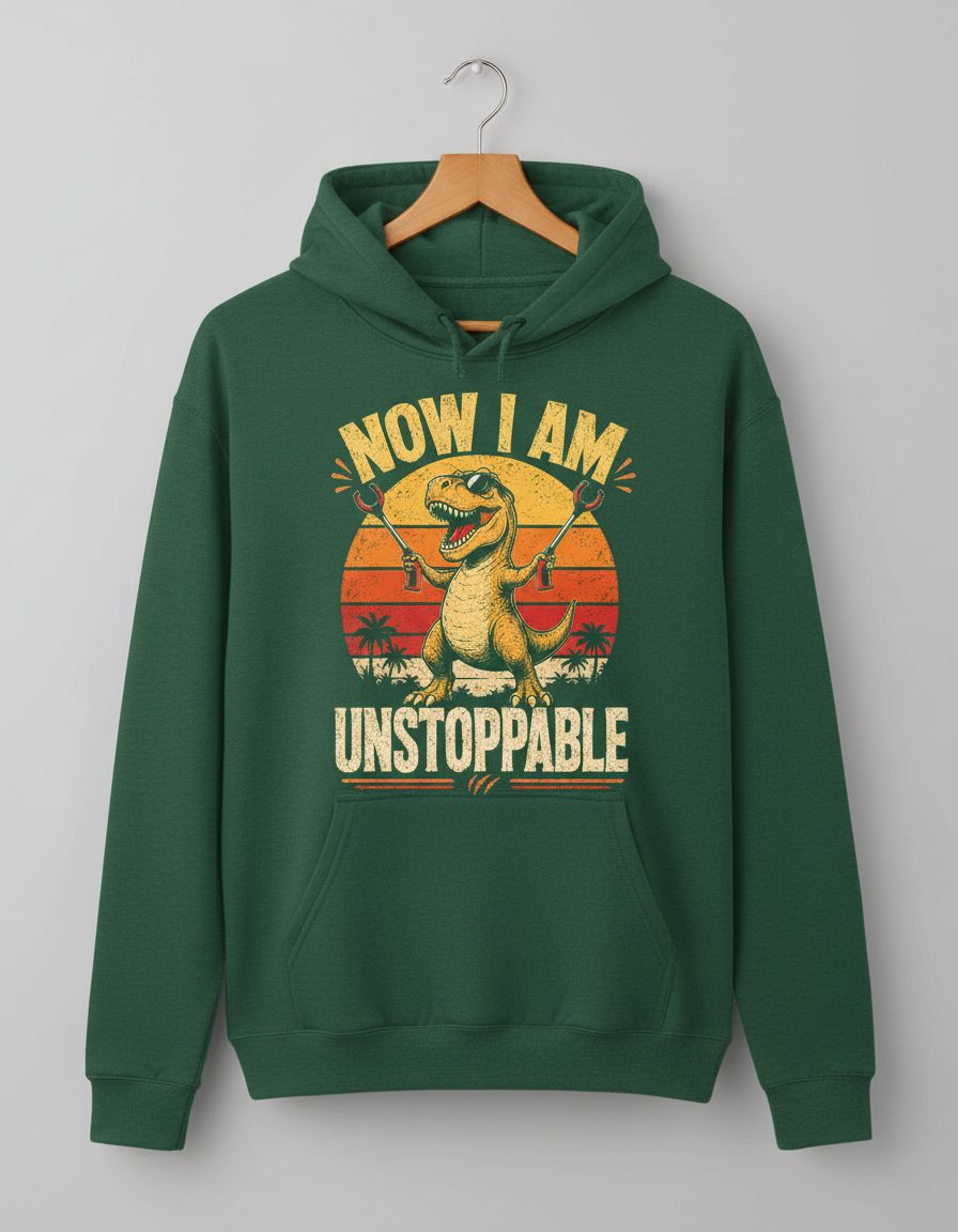 Now I Am Unstoppable Funny T-Rex Hoodie - product mockup - Forest Green