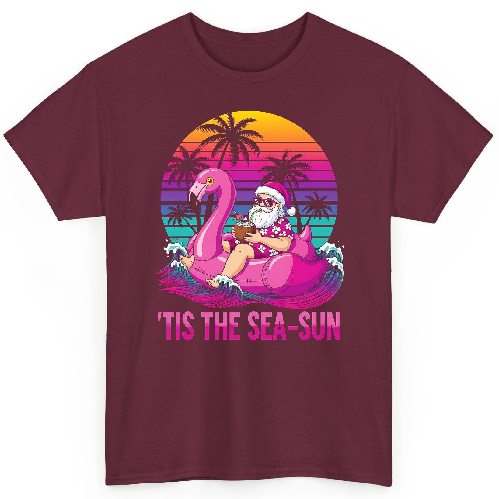 'Tis the Sea-Sun tropical santa claus T-Shirt Maroon product mockup