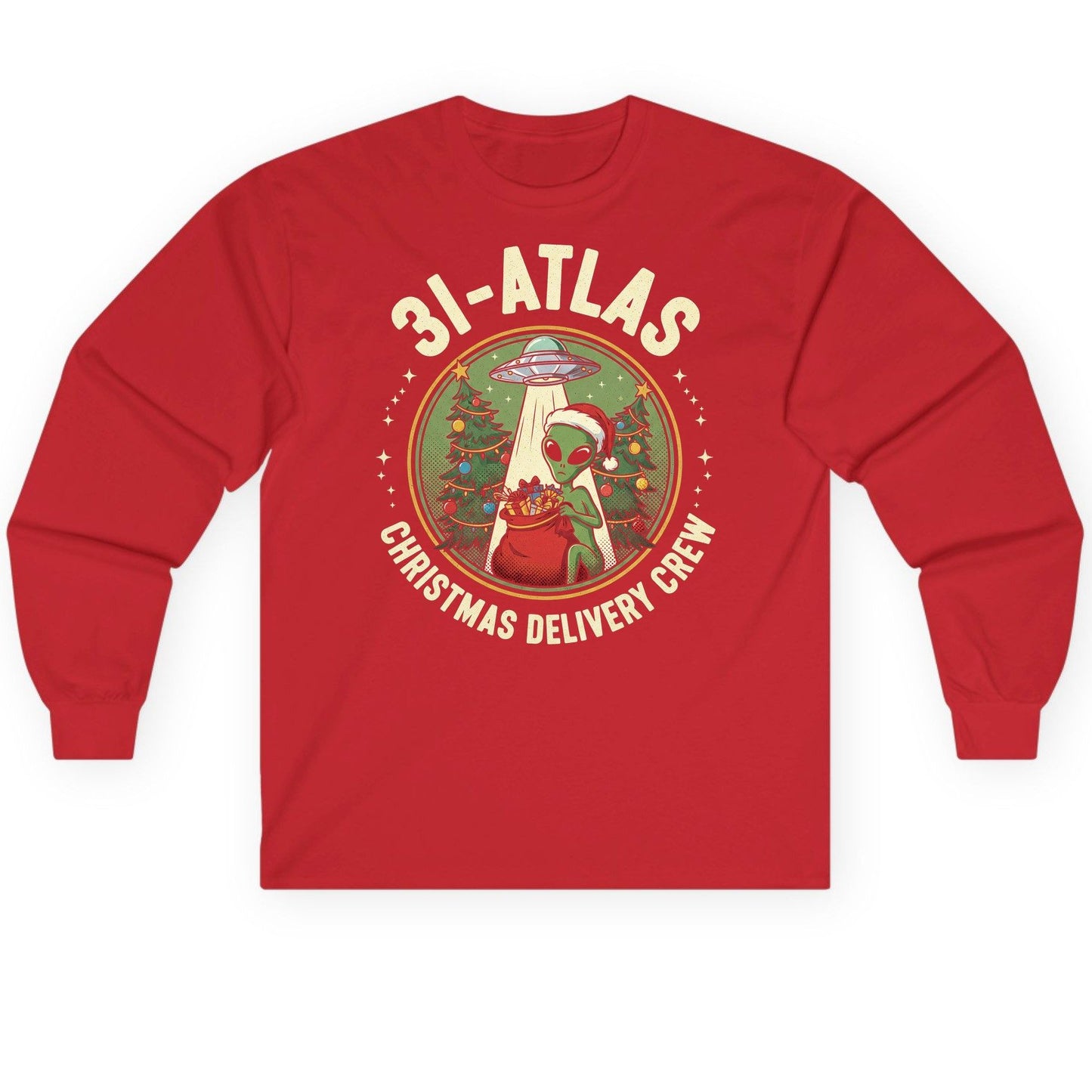 31-Atlas Christmas Delivery Crew alien Christmas Long Sleeve Tee Red product mockup
