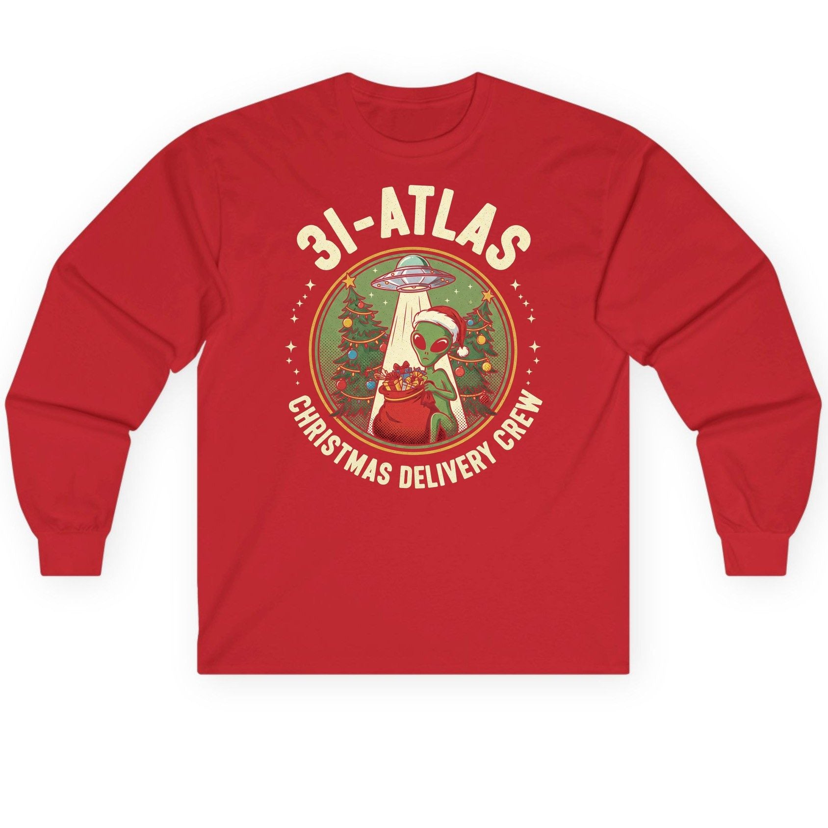 31-Atlas Christmas Delivery Crew alien Christmas Long Sleeve Tee Red product mockup