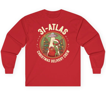 31-Atlas Christmas Delivery Crew alien Christmas Long Sleeve Tee Red product mockup