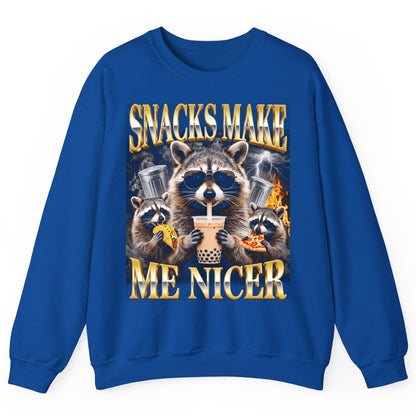 SNACKS MAKE ME NICER Funny Raccoon Sweatshirt - product mockup - Royal