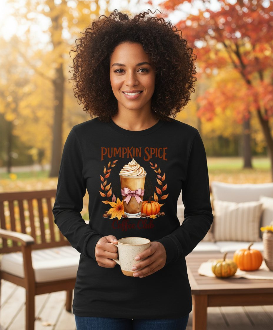 Pumpkin Spice Coffee Club pumpkin spice latte Long Sleeve Tee Black lifestyle mockup