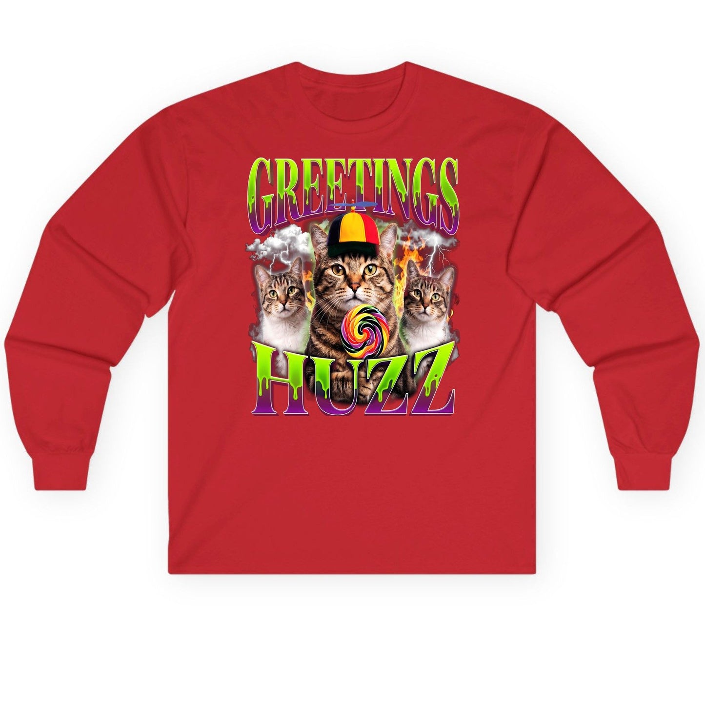 Greetings HUZZ Funny Cat Long Sleeve Tee - product mockup - Red