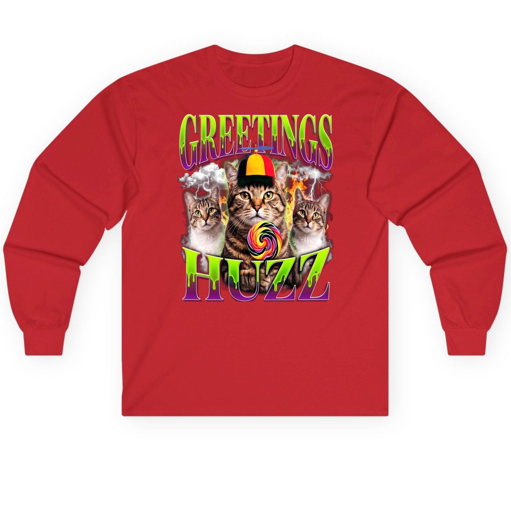 Greetings HUZZ Funny Cat Long Sleeve Tee - product mockup - Red
