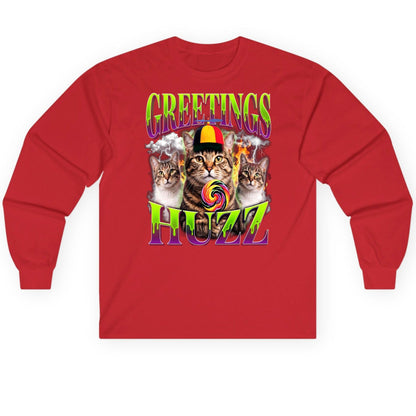 Greetings HUZZ Funny Cat Long Sleeve Tee - product mockup - Red
