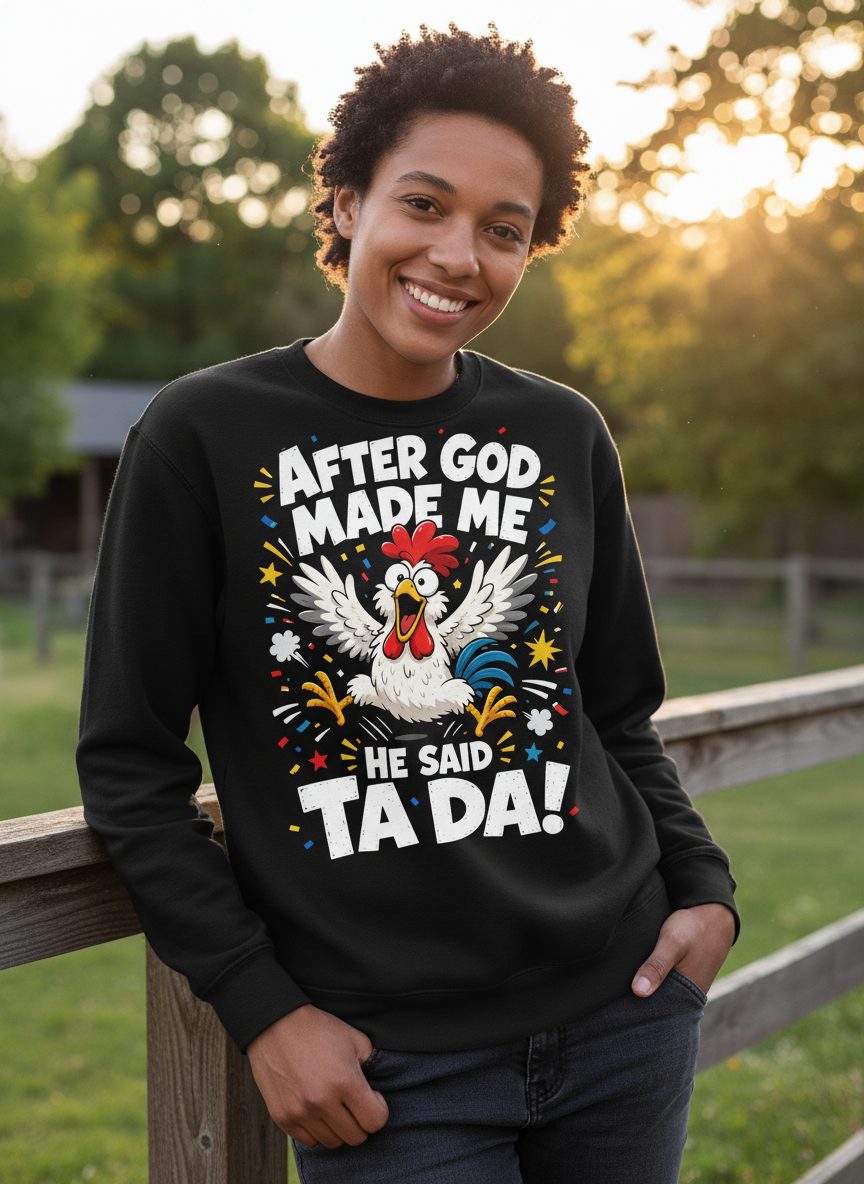 After God Made Me He Said Ta Da Funny Rooster Sweatshirt - lifestyle model mockup - Black
