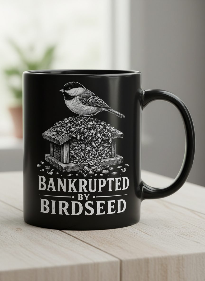 Bankrupted By Birdseed Funny Black Mug - product mockup - Black
