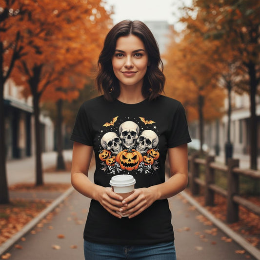Skulls and Pumpkins Halloween Halloween T-Shirt Black lifestyle mockup