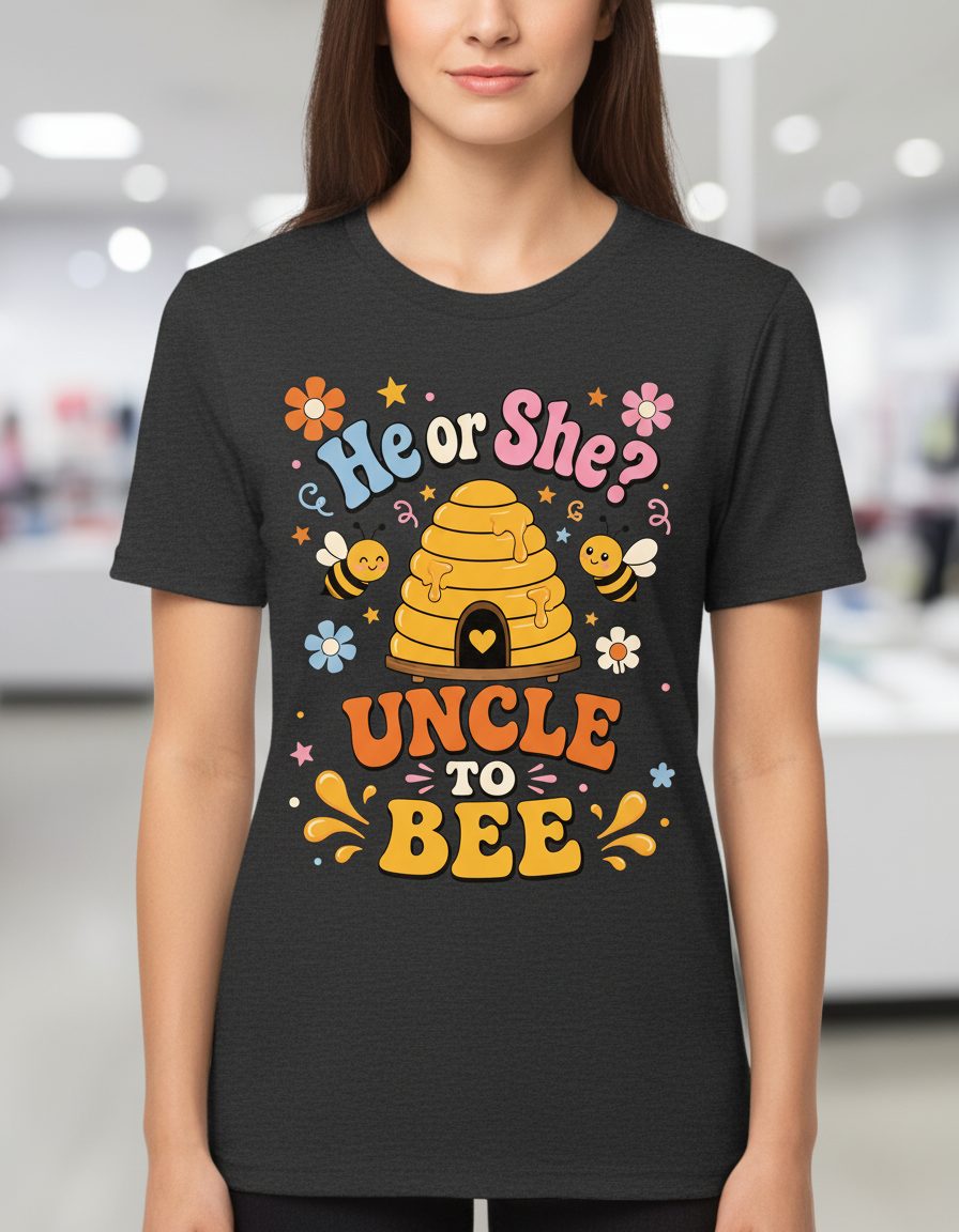 He or She Uncle to Bee Retro Gender Reveal T-Shirt - product mockup - Dark Heather
