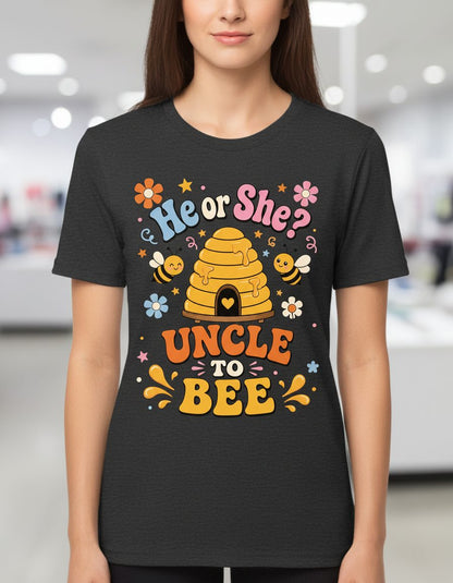 He or She Uncle to Bee Retro Gender Reveal T-Shirt - product mockup - Dark Heather