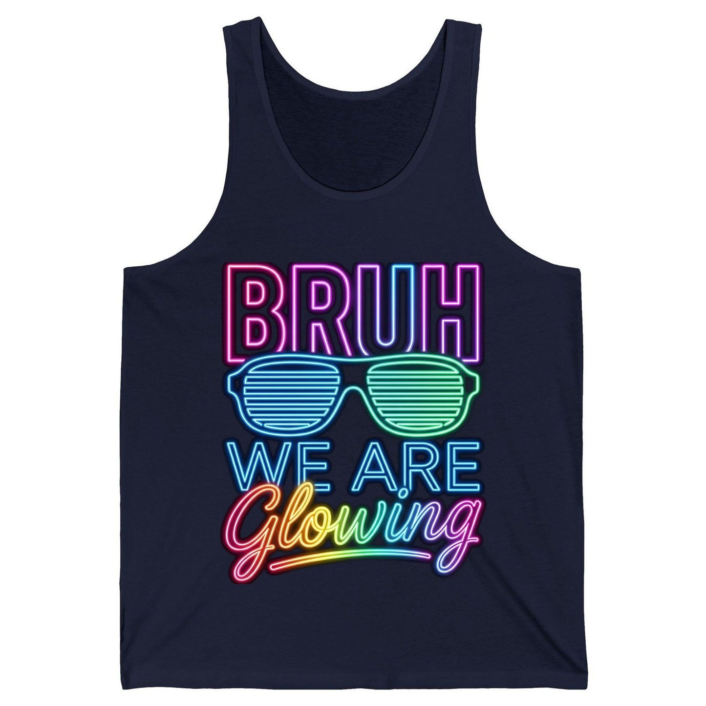 BRUH WE ARE Glowing Neon Party Tank Top Navy product mockup