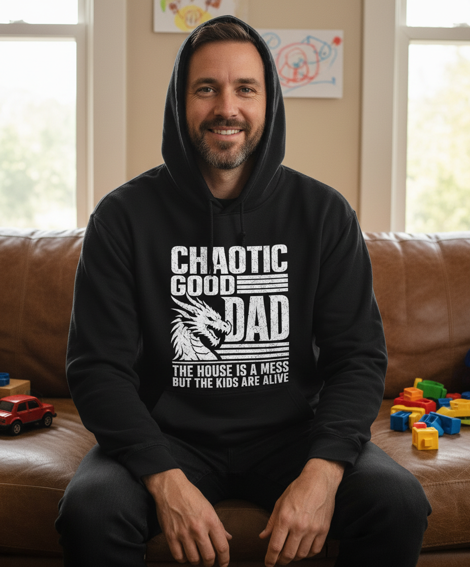CHAOTIC GOOD DAD THE HOUSE IS A MESS BUT THE KIDS ARE ALIVE Funny Chaotic Good Dad Dragon Hoodie - lifestyle model mockup - Black