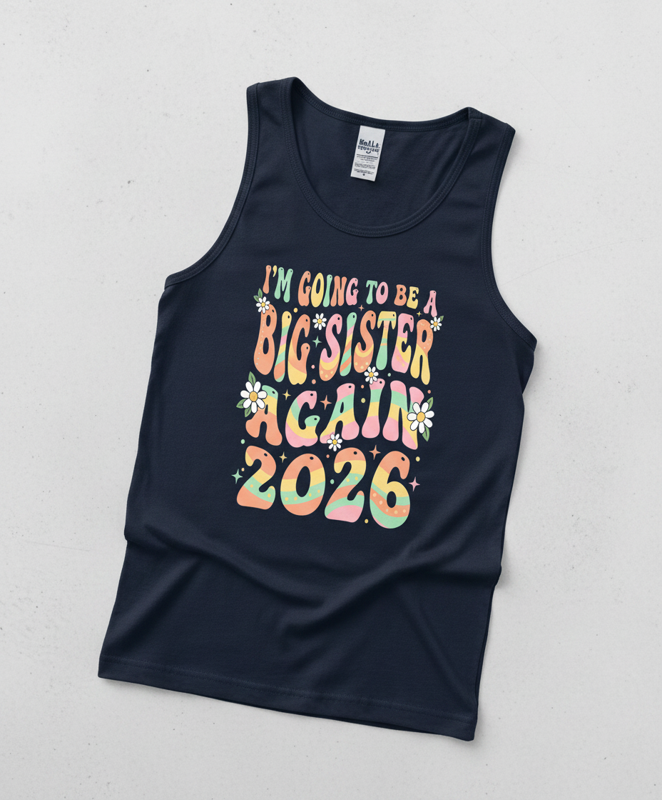 I'm Going To Be A Big Sister Again 2026 Groovy Retro Announcement Tank Top - Navy